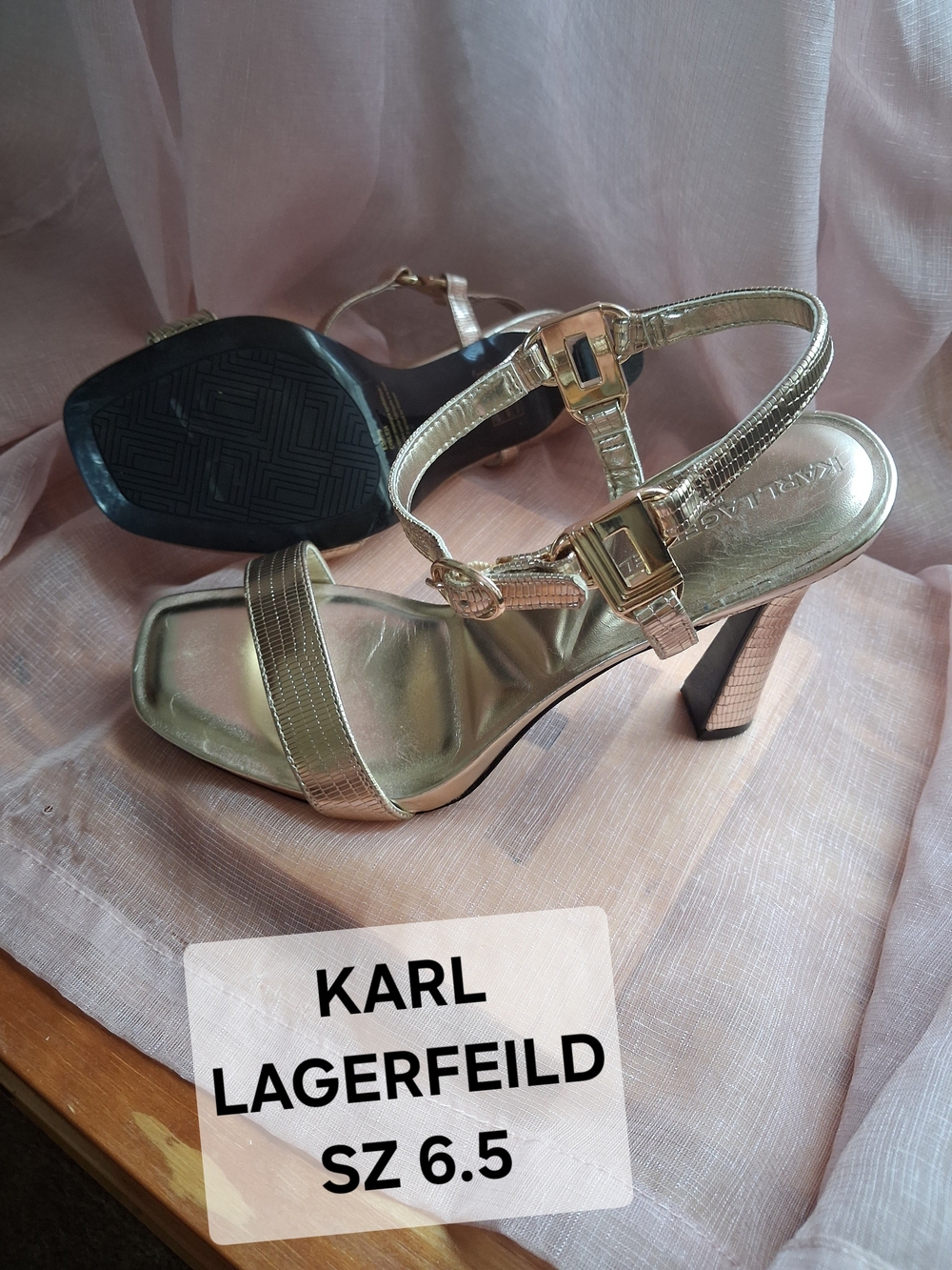 Karl Lagerfeld Metallic Gold Strappy Block Heel Sandals